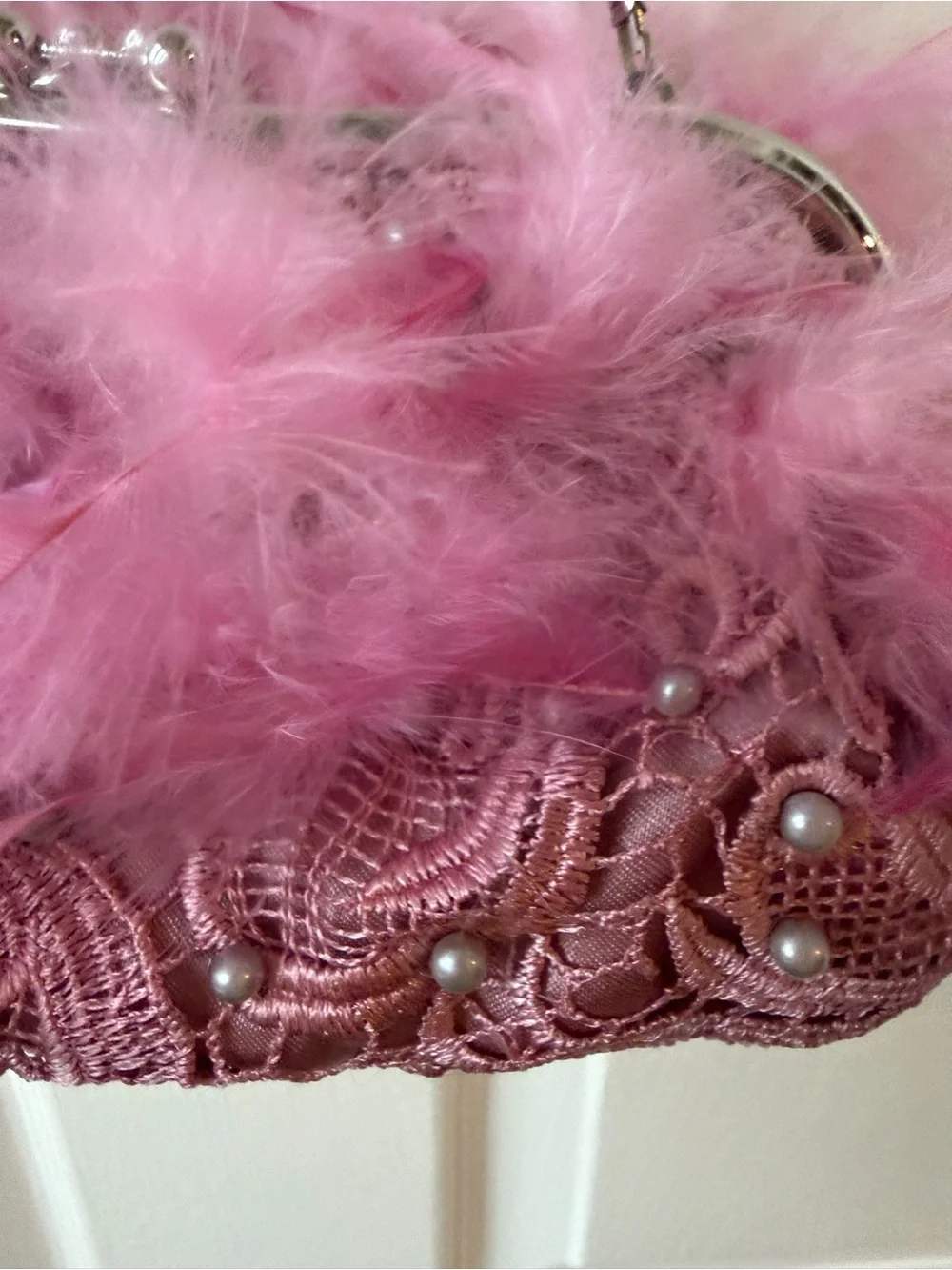 Pink Feather-Trim Evening Clutch with Chain Strap